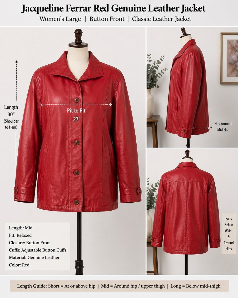 Vintage Jacqueline Ferrar Red Genuine Leather Jacket Womens L Button Front